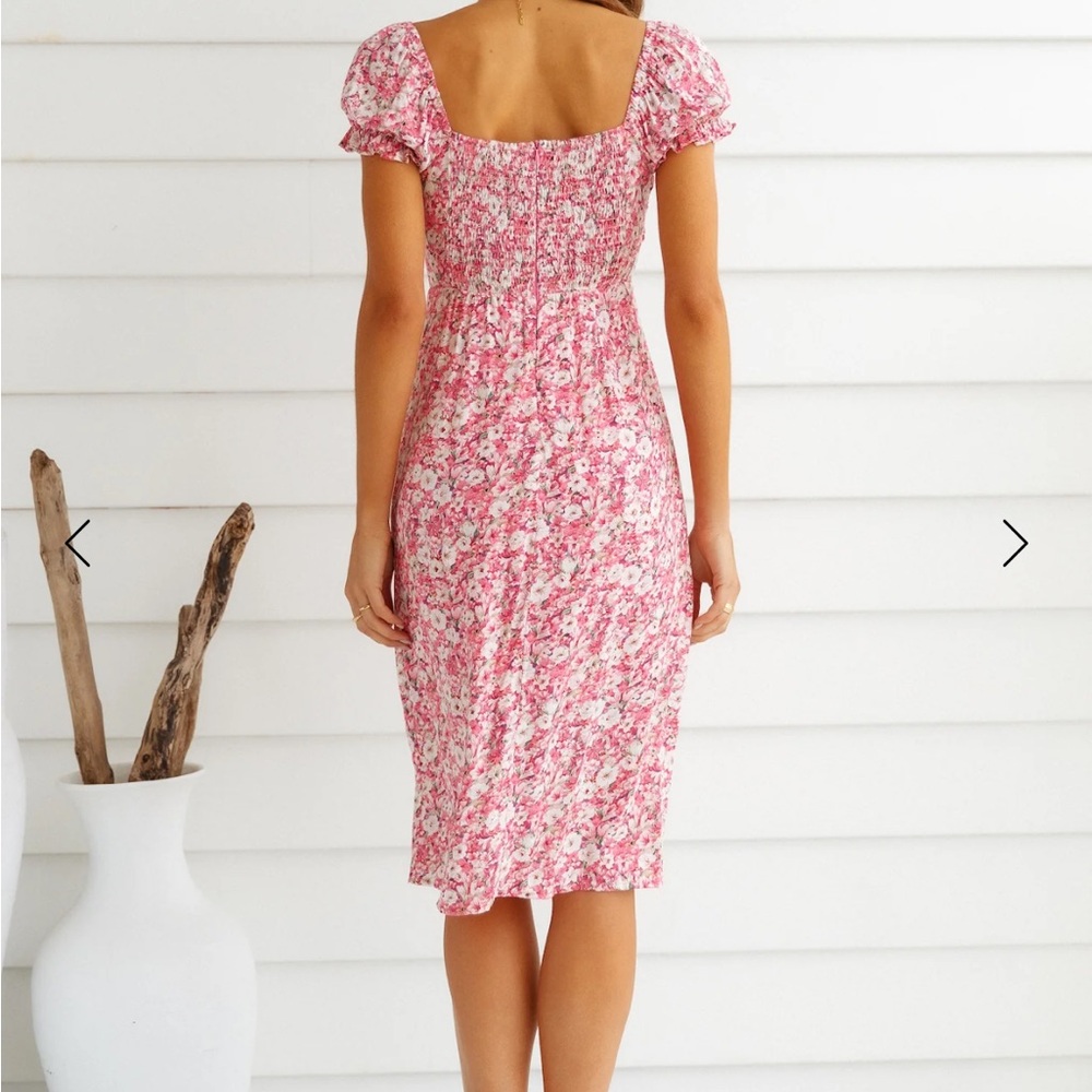 Pink and White Floral Square Neck Midi Dress